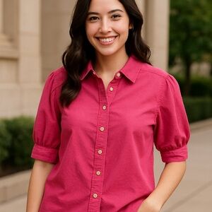 We The Free Pink Button Front Blouse, Puff Sleeves, Size M – Pre-Owned